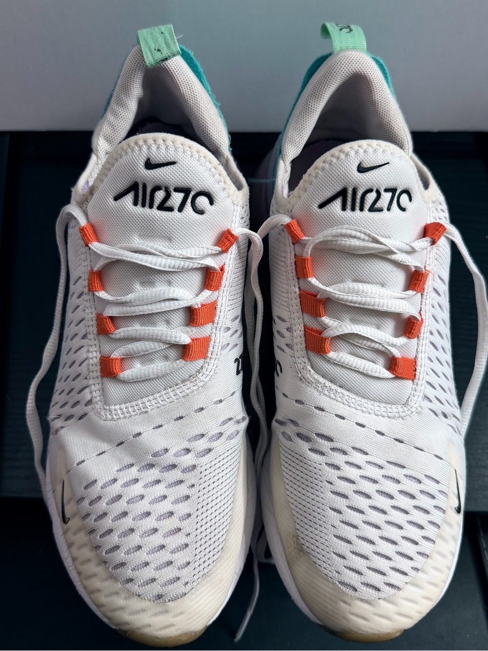 Nike White Air270 Athletic Sneakers with Orange Lace Loops and Mint Heel Tabs